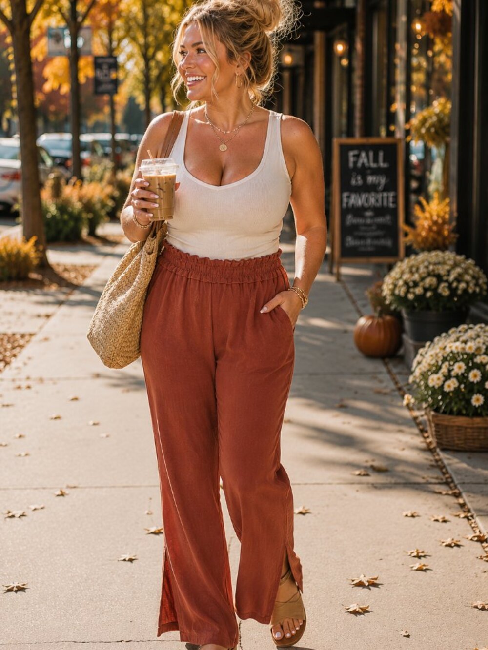 Cotton Bleu Rust Washed Cotton French Terry Wide Leg Pants